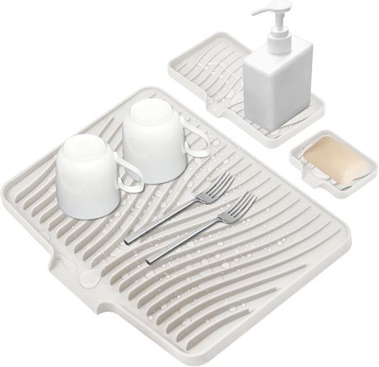 Silicone Dish Drying Mat for Kitchen Counter, Dish Drying Pad, Non-Slip Drain Pad with Built-in Drain, Heat Resistant Stone Drying Mat, 3 pcs (Cream)
