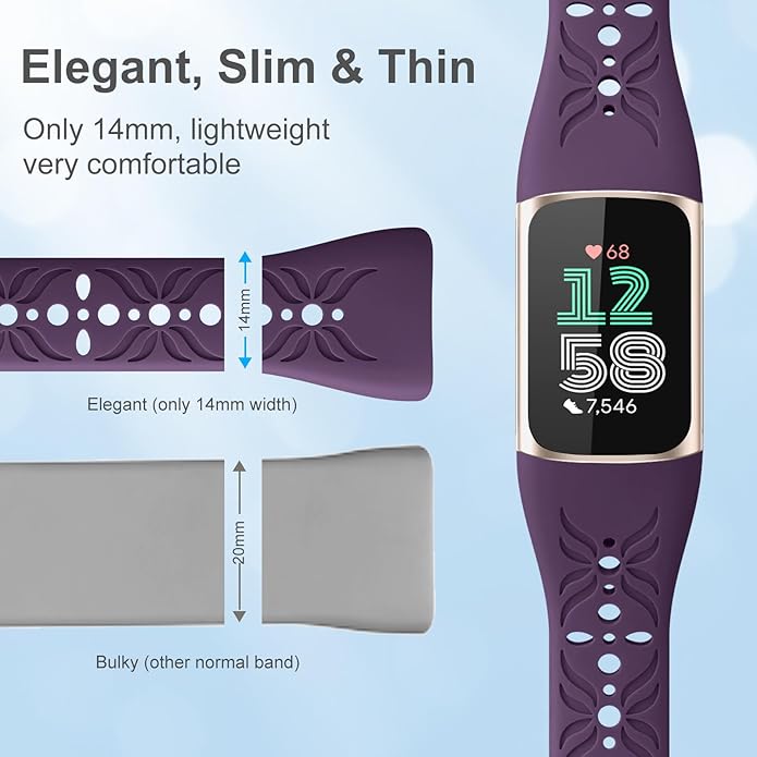 Maledan Slim Engraved Band Compatible for Fitbit Charge 6/Charge 5 Bands Women Men, Elegant Hollow-out Pattern Bracelet Strap Loops Wristbands for Fitbit Charge 5/Charge 6 Fitness Tracker Accessories