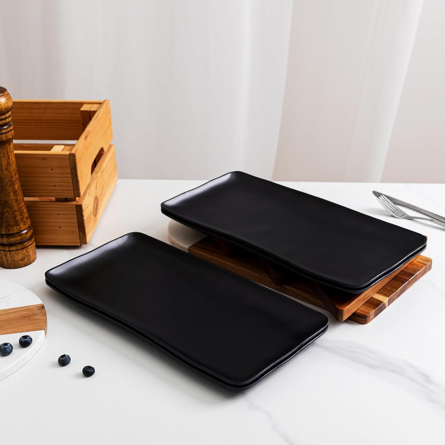 Melamine Rectangular Serving Platters and Trays set, set of 4,14” x 7” Matte Black Party Platter for Serving Food, Salad, Cheese and Fruits, Dishwasher Safe Trays/Platters for Entertaining