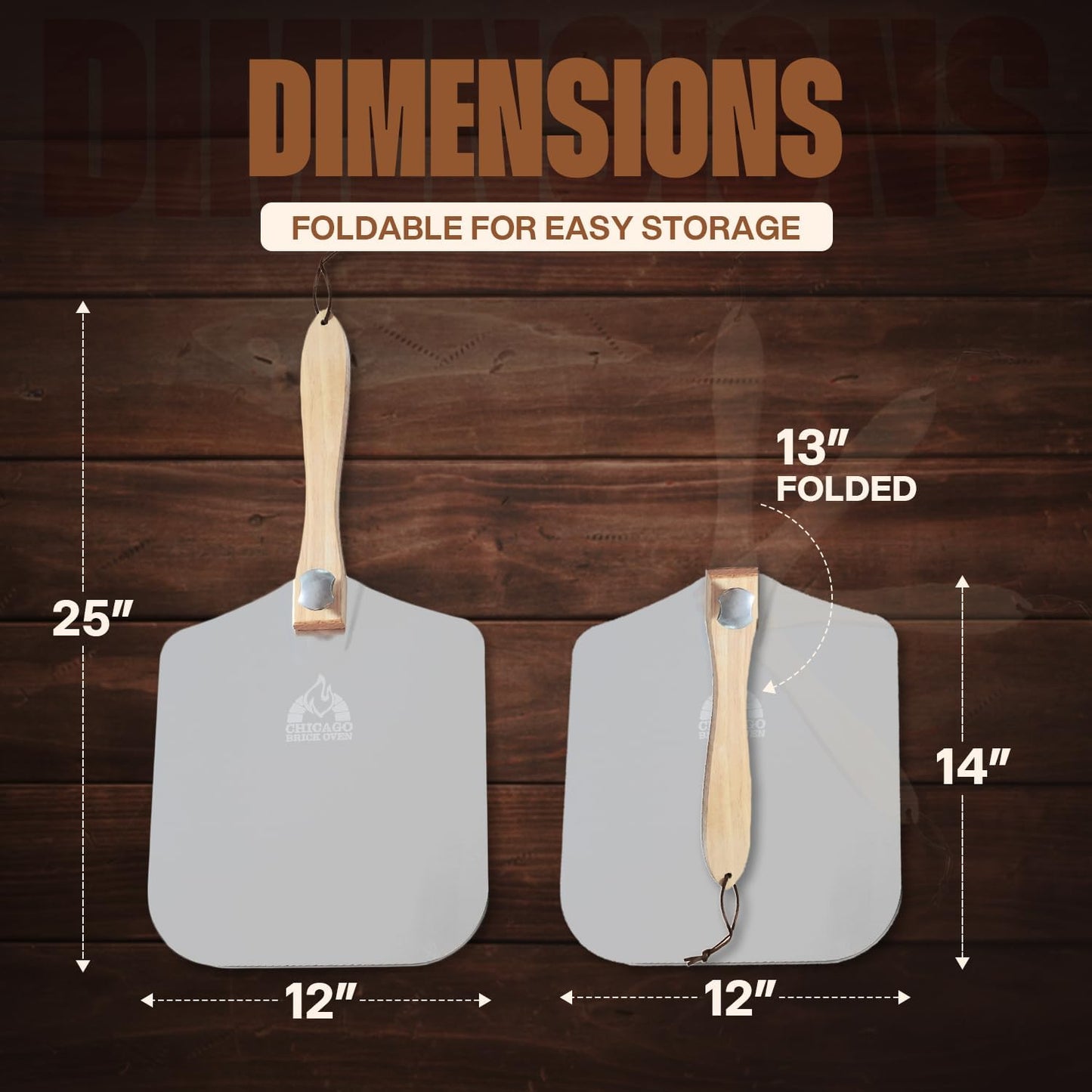 Chicago Brick Oven Aluminum Pizza Peel 12" x 14" with Foldable Wooden Handle, 25" Long Turning Spatula, Pizza Paddle, Pizza Spatula Paddle, Aluminum Metal Pizza Peel 12 Inch, Pizza Accessories
