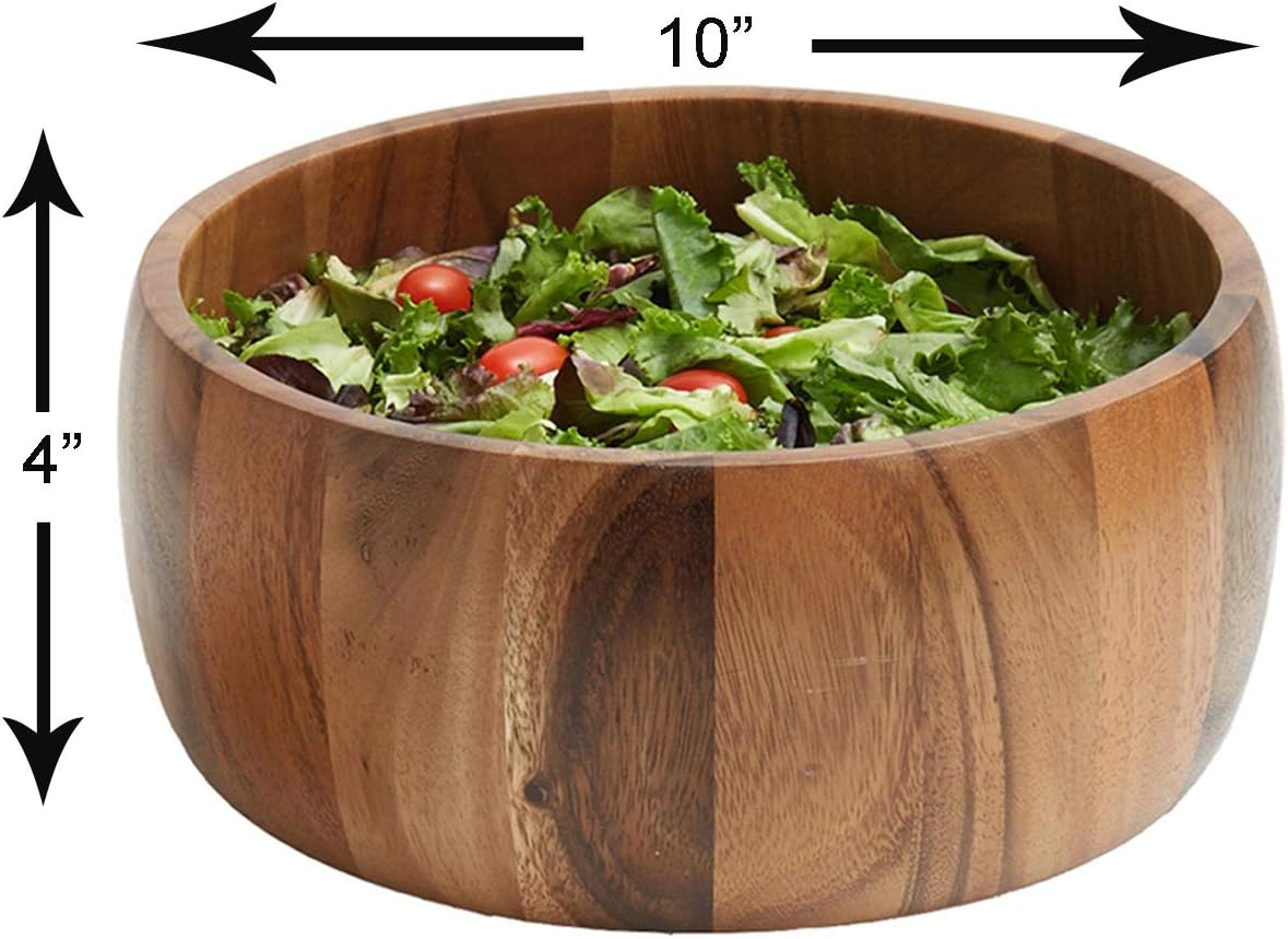 Acacia Wood 10” Salad Serving Bowl with Salad Hands 3 Piece Set by Woodard & Charles