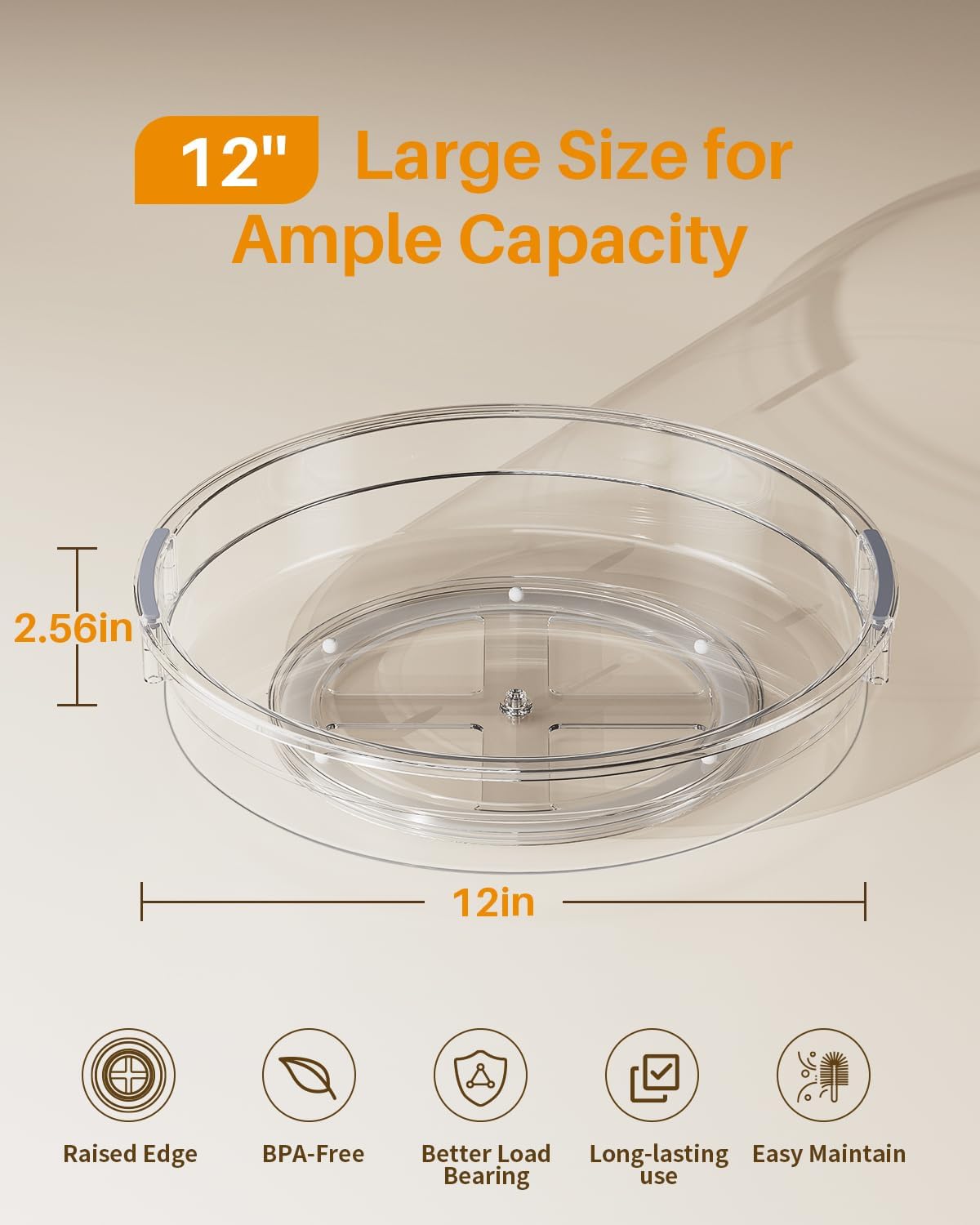 LAMU 2 Pack 12 Inch Lazy Susan Organizer Turntable for Cabinet, with High Edges to Prevent Falling, Large Clear Lazy Susan for Kitchen, Pantry, Refrigerator, Countertop, Table, Bathroom