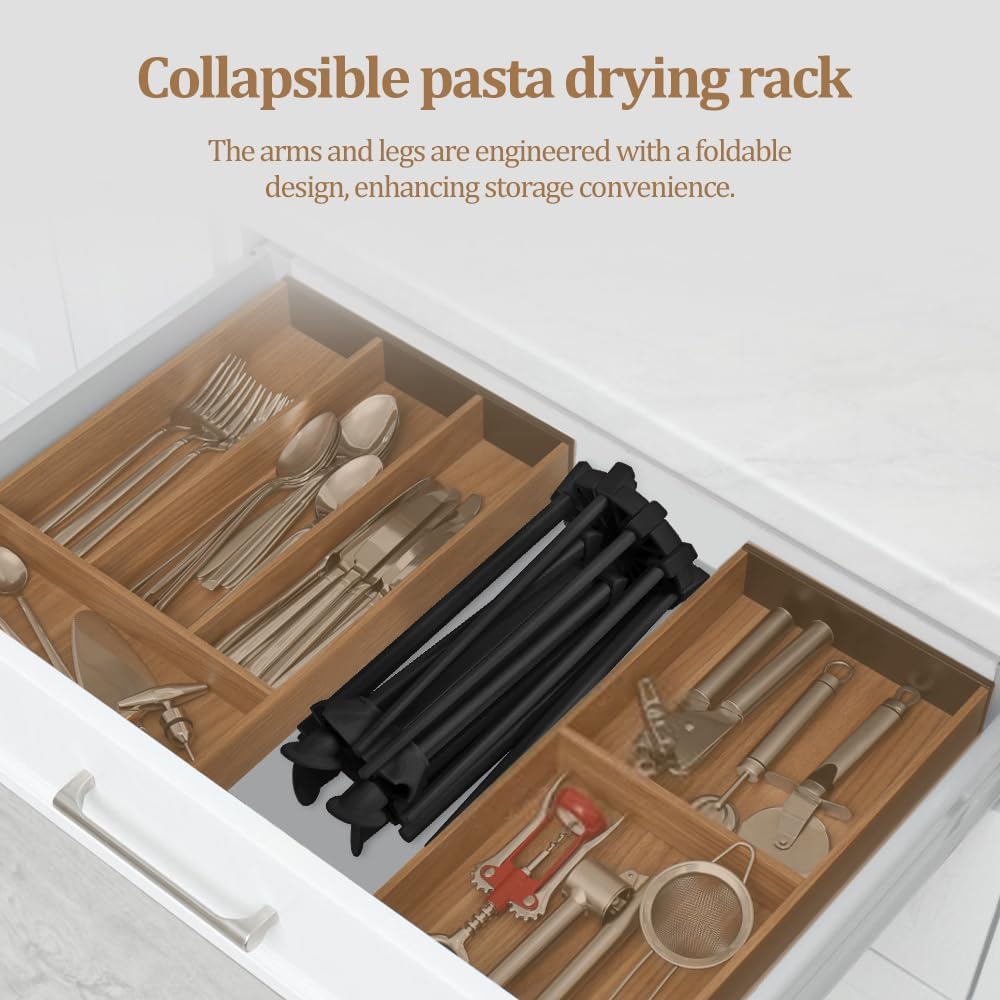 Ourokhome Collapsible Pasta Drying Rack, Plastic Foldable Homemade Fresh Spaghetti Stand Dryer Noodle Hanger for Kitchen with 10 Arms, Stable, Easy Storage, Quickly Set Up (Black)