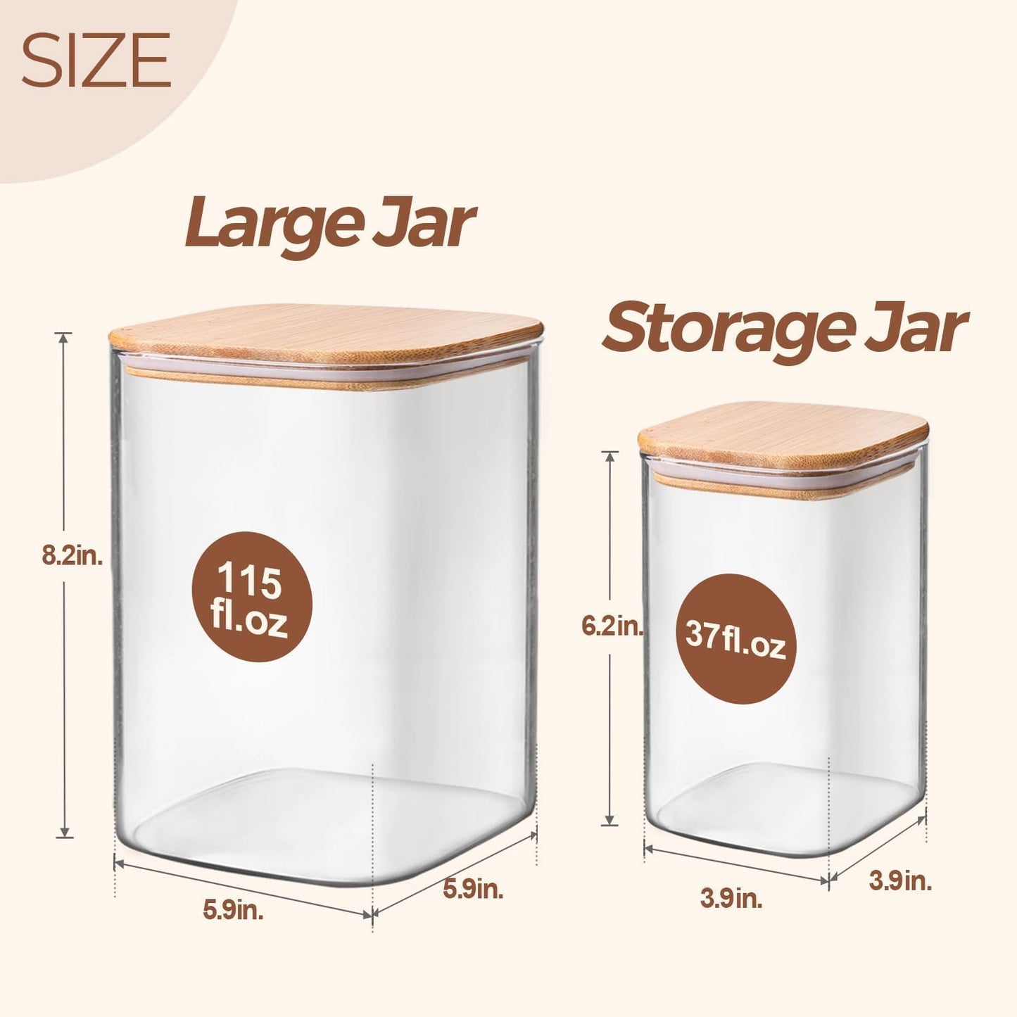 ComSaf Glass Food Storage Containers, 115/37 oz Glass Flour and Sugar Containers with Airtight Lids, Large Square Glass Jars with Bamboo Lids for Rice, Pasta, Oats, Grains, Cookies, Snacks, Candy