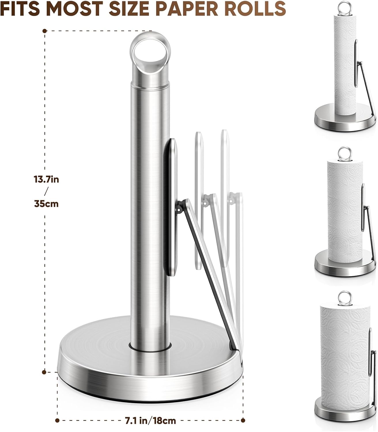 theaoo Heavy-Duty Stainless Steel Paper Towel Holder with Tension Arm – Easy One-Handed Tear, Modern Standing Countertop Dispenser for Kitchen, Holds All Paper Towel Rolls (1, Silver)