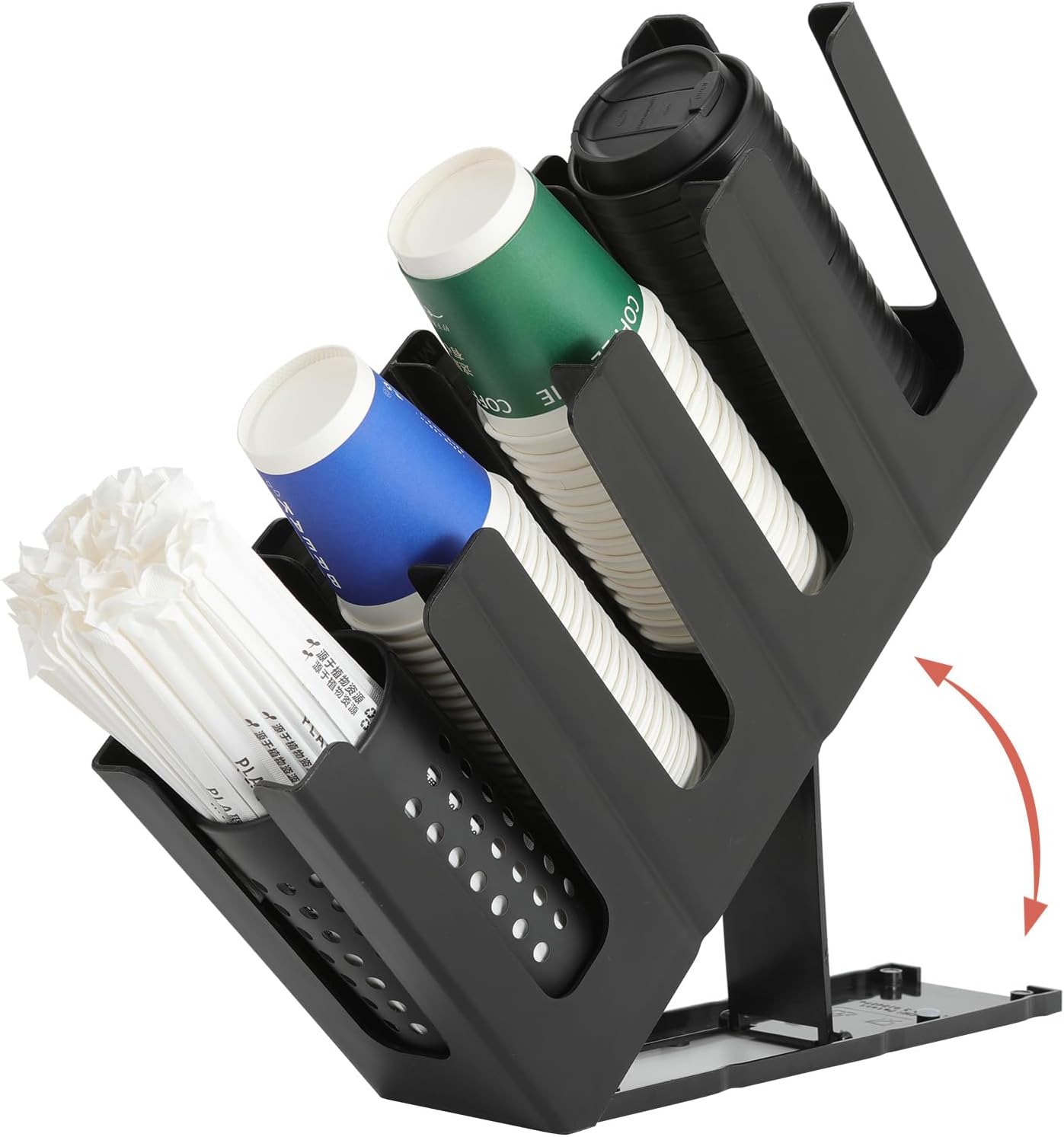 Paper Cup and Lid Holder with Straw Organizer,4 Compartment Adjusting,Coffee Cup Dispenser for Countertop,Coffees Station,Bar Restaurant,Black