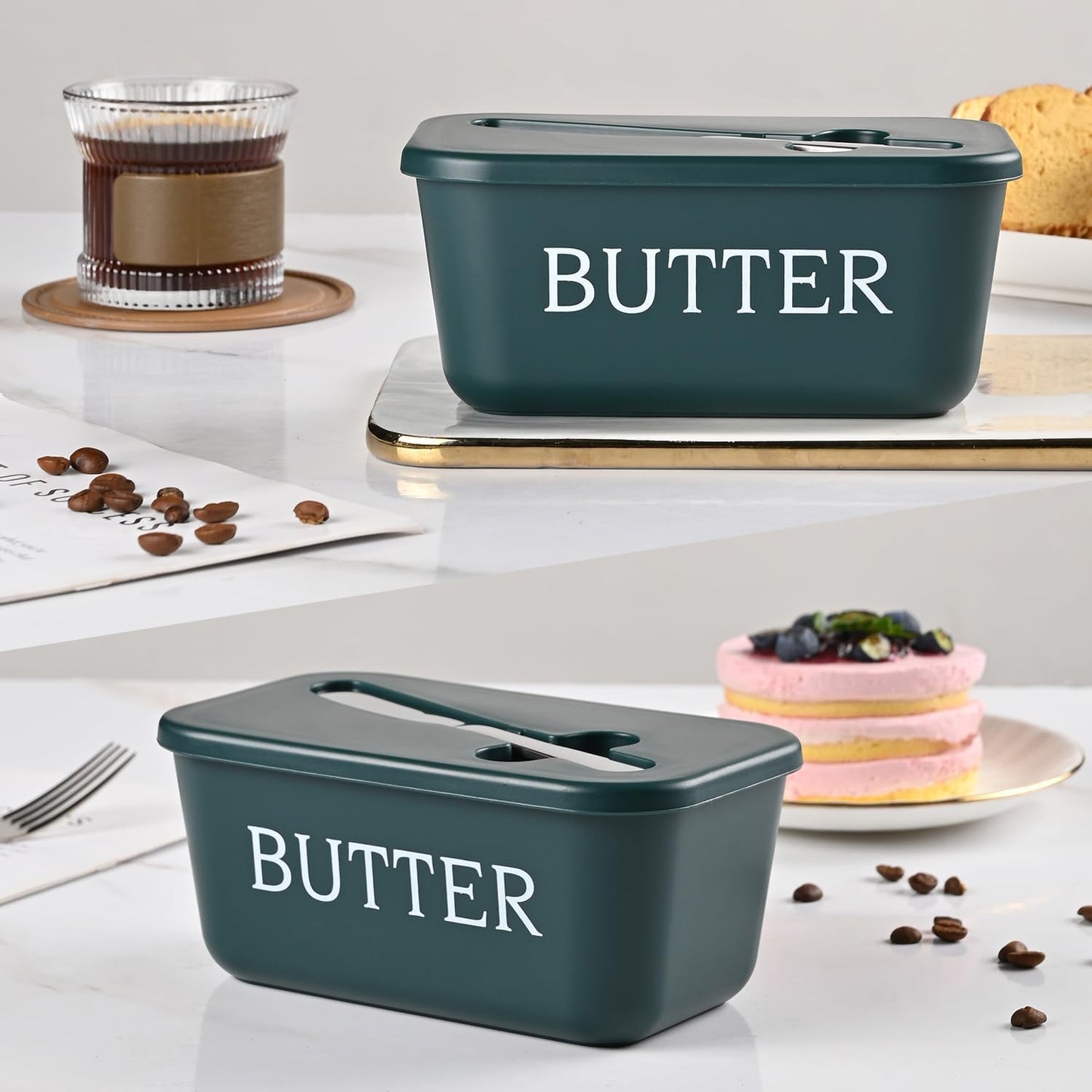 Large Butter Dish With Lid And Knife,Food Grade Plastic Large Butter Container With Cover,Butter Holder With Stainless Steel Knife For Kitchen Decor Countertop