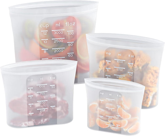 Bangp Premium Silicone Reusable Food Storage Bags,4 Pack(100oz, 50oz, 30oz,15oz),New Generation Stand Up Zip Freezer Bags,Sandwich Snack Bags,Multi-Use Food Storage Containers,Leak-free,Microwave Safe