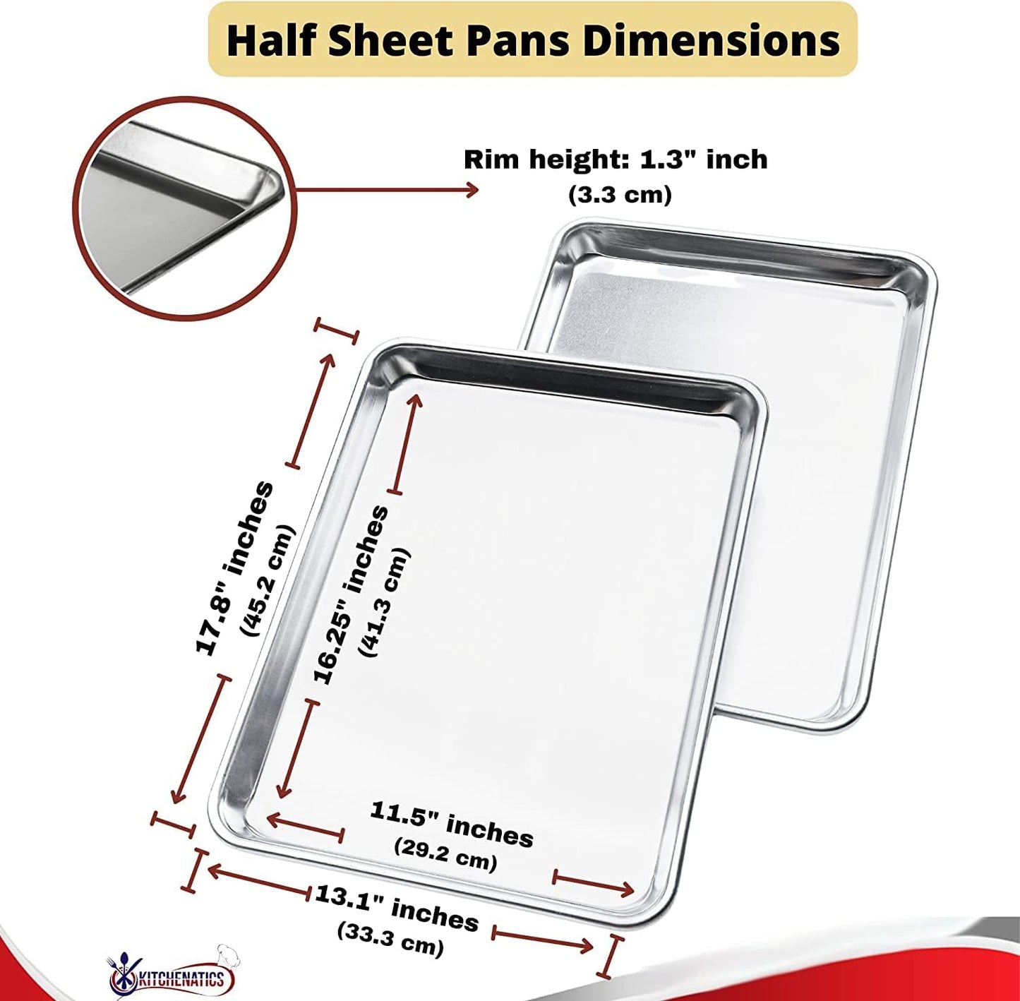 KITCHENATICS Premium Quality Half Sheet Size Baking Pans, Nonstick Cookie Sheets for Baking, Oven Safe Baking Sheet Pans, Heavy Duty 1/2 Commercial Baking Sheets for Oven - 13.1" x 17.9" IN, Set of 2