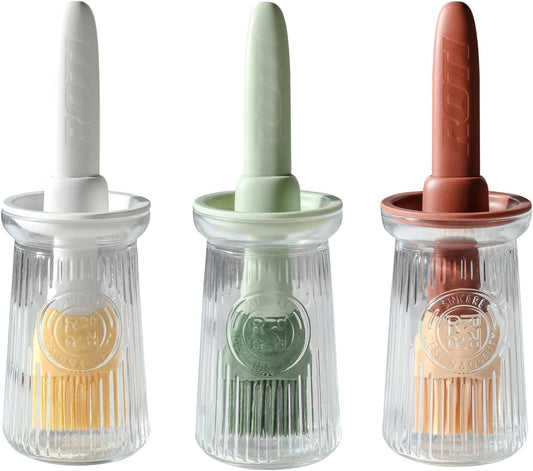 Oil Dispenser with Brush - Glass Olive Oil Dispenser for Kitchen, 3 IN 1 Oil Dispenser Bottle with Silicone Basting Brush for Cooking Vinegar Sauce BBQ Grill Frying (Brown/White/Green)