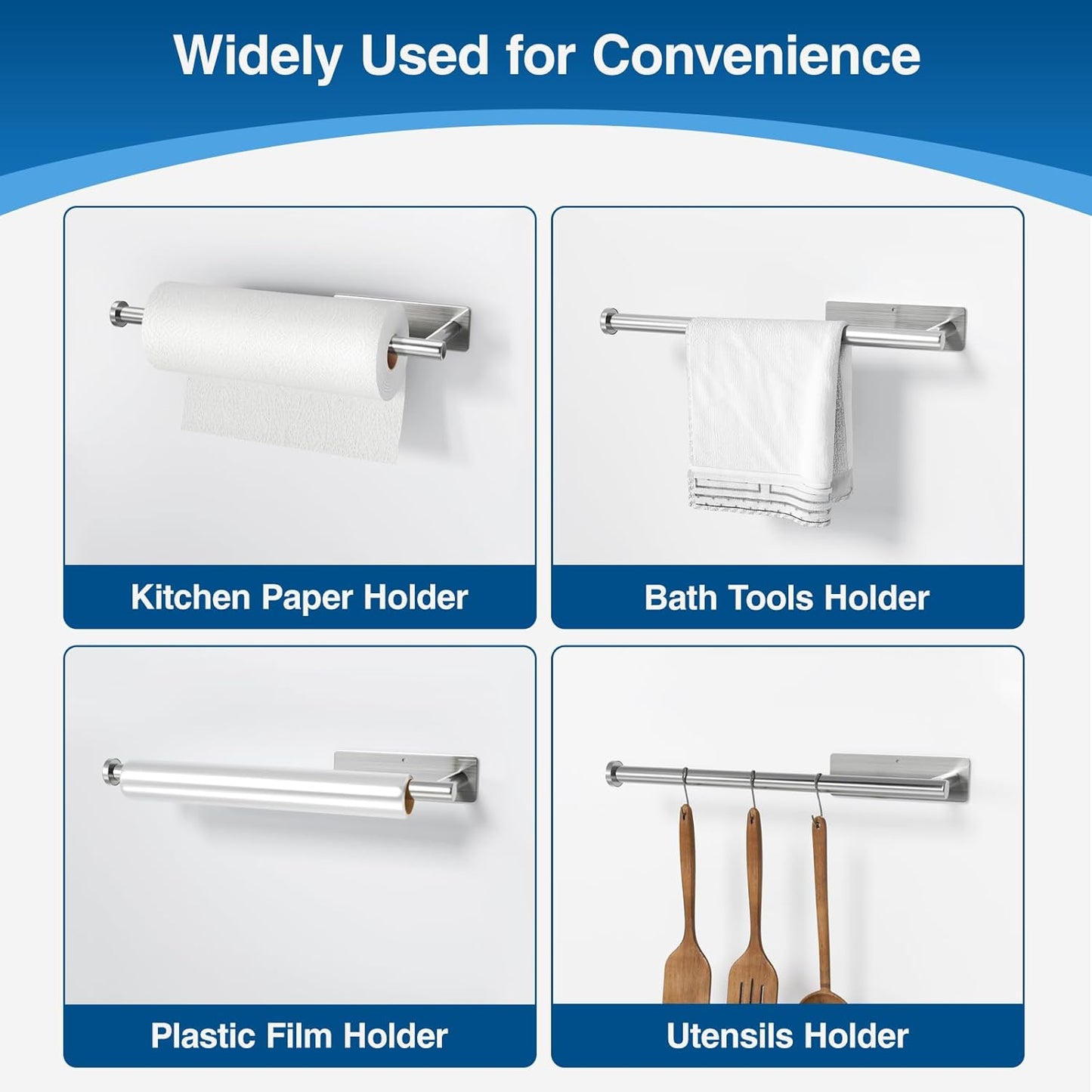 Paper Towel Holder - Self-Adhesive or Drilling, Brushed Nickel Wall Mounted Rack - SUS304 Stainless Steel Kitchen Roll Holder Under Cabinet (2 Pack)