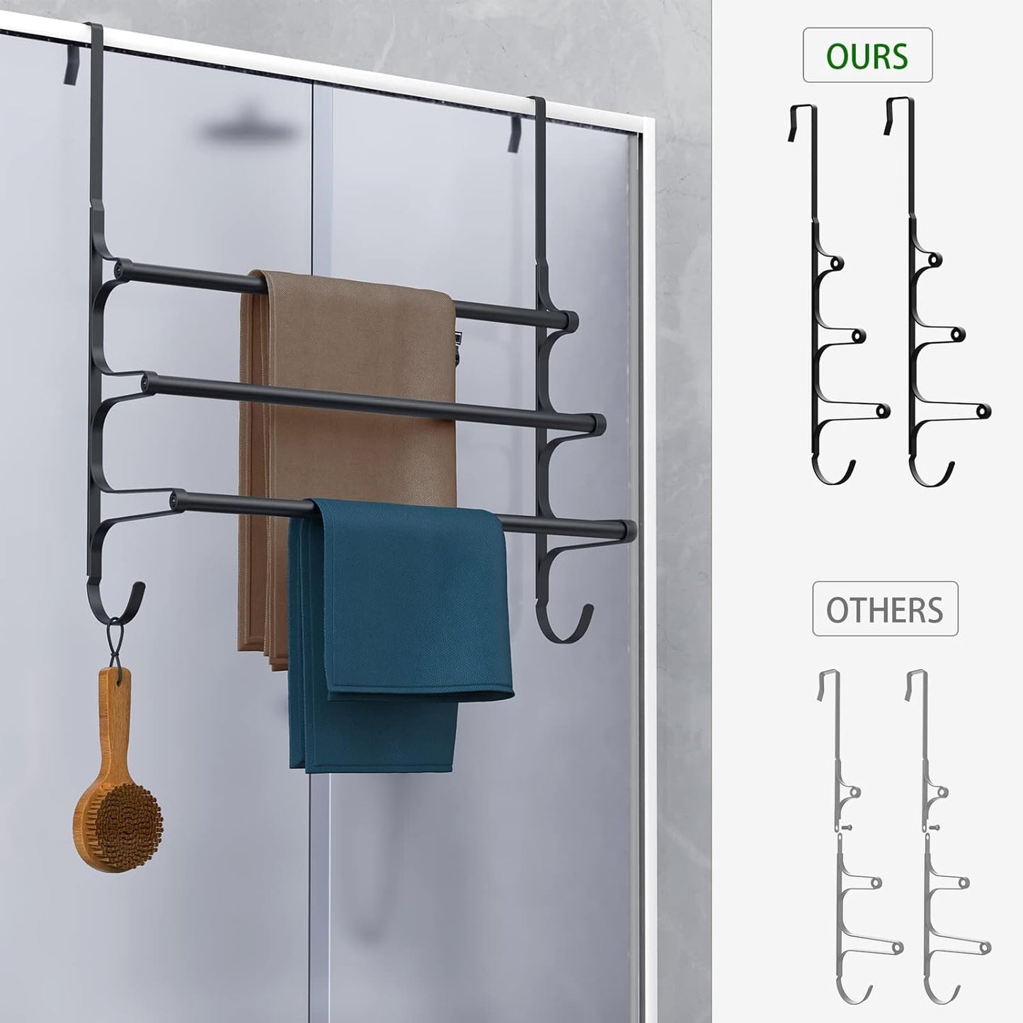 Over The Door Towel Rack, Over Door Towel Rack for Bathroom Door, Triple Towel Storage Holder with Hooks (Matte Black, 20.15" L)