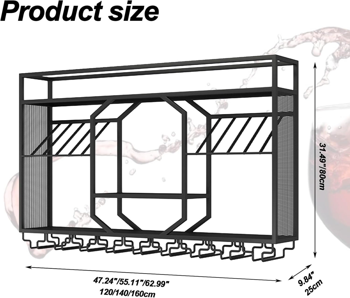 Wall Mounted Wine Rack, 3-Tiers Metal Bar Bottle Holder, Modern Wine Glass Storage Display Shelves, Wall Wine Rack for Kitchen Bar Dining Rooms Decoration ﻿(Black, 47.24in/120cm)