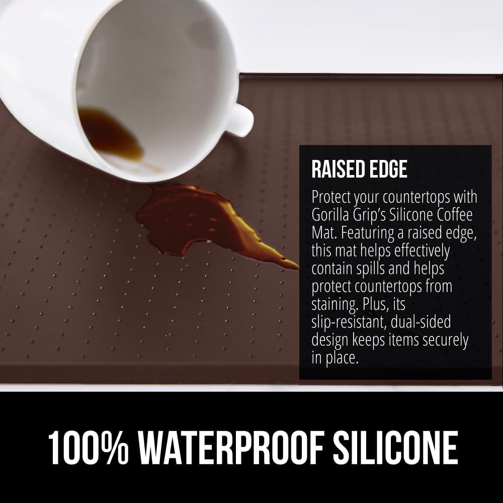 GORILLA GRIP Silicone Coffee Mat, 18x28, Espresso Drink Bar Station Accessories, Waterproof Heat-Resistant Dish Drying Mats, Stay in Place on Kitchen Counter, Home Kitchen Decor Essentials, Brown