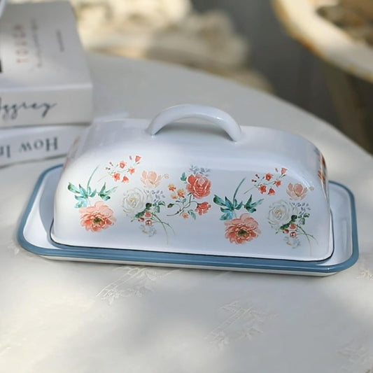 Enamel Butter Dish with Lid Vintage Enamelware Butter Holder with Flower Design Farmhouse Butter Container Butter Storage with Tray for Countertop Kitchen Decor