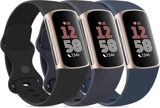 3 Pack Bands for Fitbit Charge 6 / Charge 5 Bands Women Men, Soft Silicone Waterproof Adjustable Wristband Replacement Sport Straps for Fitbit Charge 5 / Charge 6 Fitness Tracker
