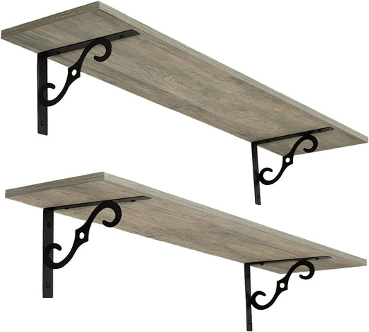 DINZI LVJ Long Wall Shelves, 23.6 Inch Large Floating Shelves Set of 2, Wide Display Shelf Wall Mounted with Brackets, Easy Hanging for Living Room, Toilet, Office, Bedroom, Gray Wash
