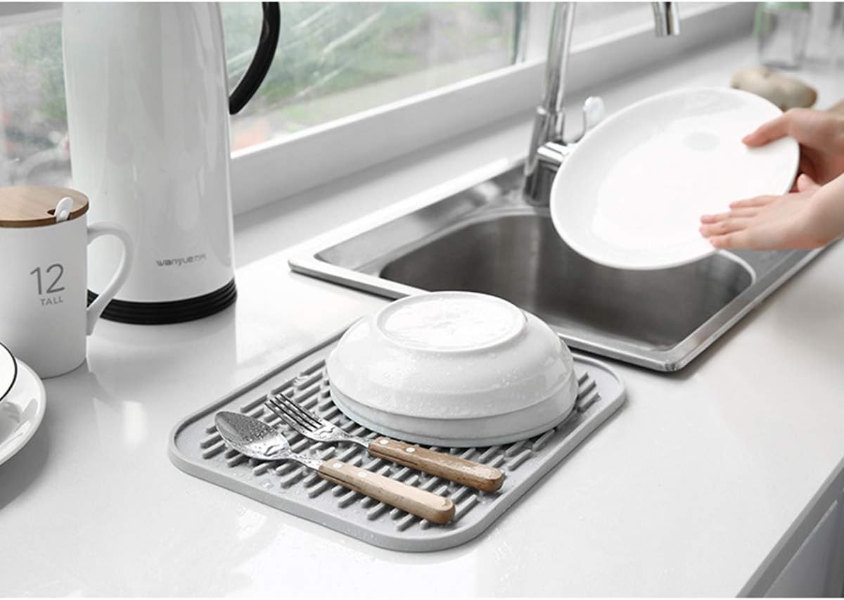 Silicone Dish Drying Mat for Multiple Usage,Easy clean,Eco-friendly,Super Sturdy Silicone Dish Drying Mat and Trivet, Dishwasher Safe, Heat Resistant (Gray, S 11.6×9.3inch)