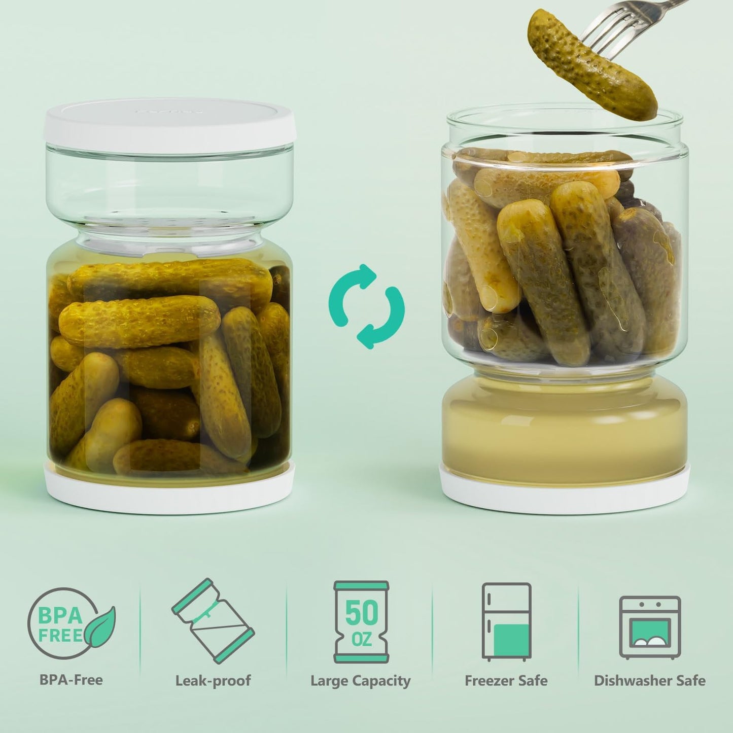 Pickle and Olive Container with Strainer Flip - 50 OZ Airtight Glass Jar for Pickle Lover, Versatile Food Keeper, Kitchen Organization Must-Have, BPA-Free, Dishwasher Safe (White)