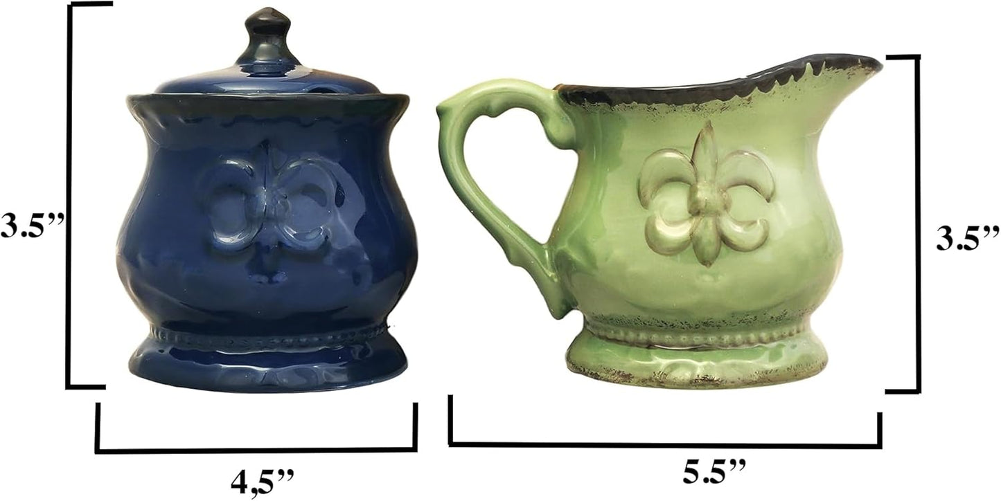 ACK Tuscany Colorful Ceramic Hand Painted Fleur De Lis Cream & Sugar Set of 2pcs