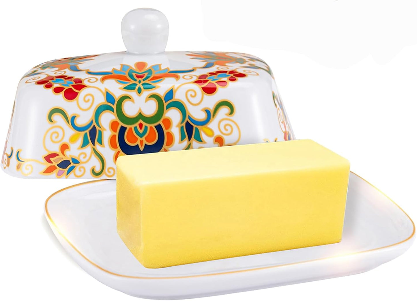 Butter Dish with Lid, butter dish with lid for countertop,Classic patterns Ceramic Butter container,Grilled flower craft butter Holder,Microwave, Oven and Dishwasher Safe butter tray.