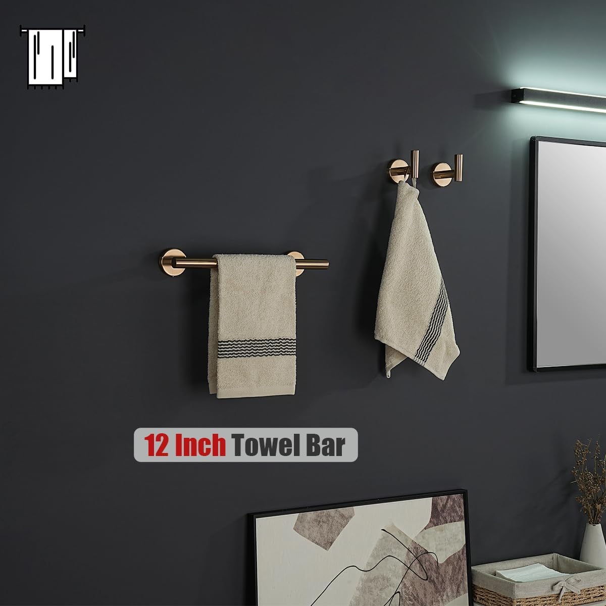 JQK Champagne Bronze Towel Bar, 12 Inch 304 Stainless Steel Thicken 0.8mm Towel Rack Bathroom, Towel Holder Wall Mount, Useable Length 9 Inch, TB110L9-CB