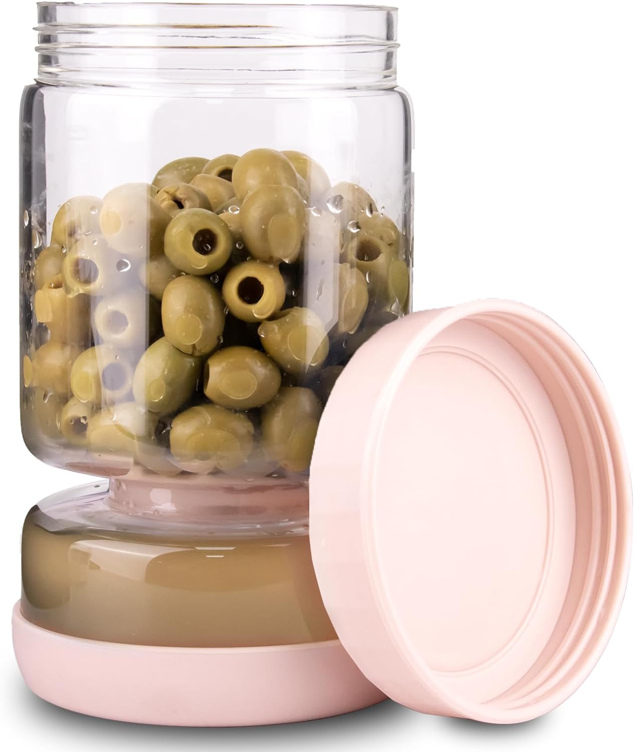 Pickle and Olive Hourglass Jar with Strainer Flip for Juice Separator from Wet and Dry, Upgrade Food-grade ABS Lid and BPA Free Hourglass Pickle Jar for Airtight Food Storage, Pink
