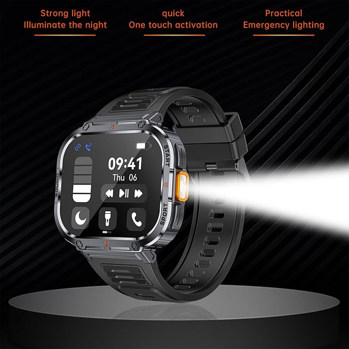 Loluka Big Screen Smart Watch for Men, 2.0'' HD Military Smartwatch with LED Flashlight 5ATM Waterproof Rugged Tactical Fitness Tracker (Answer/Make Calls)