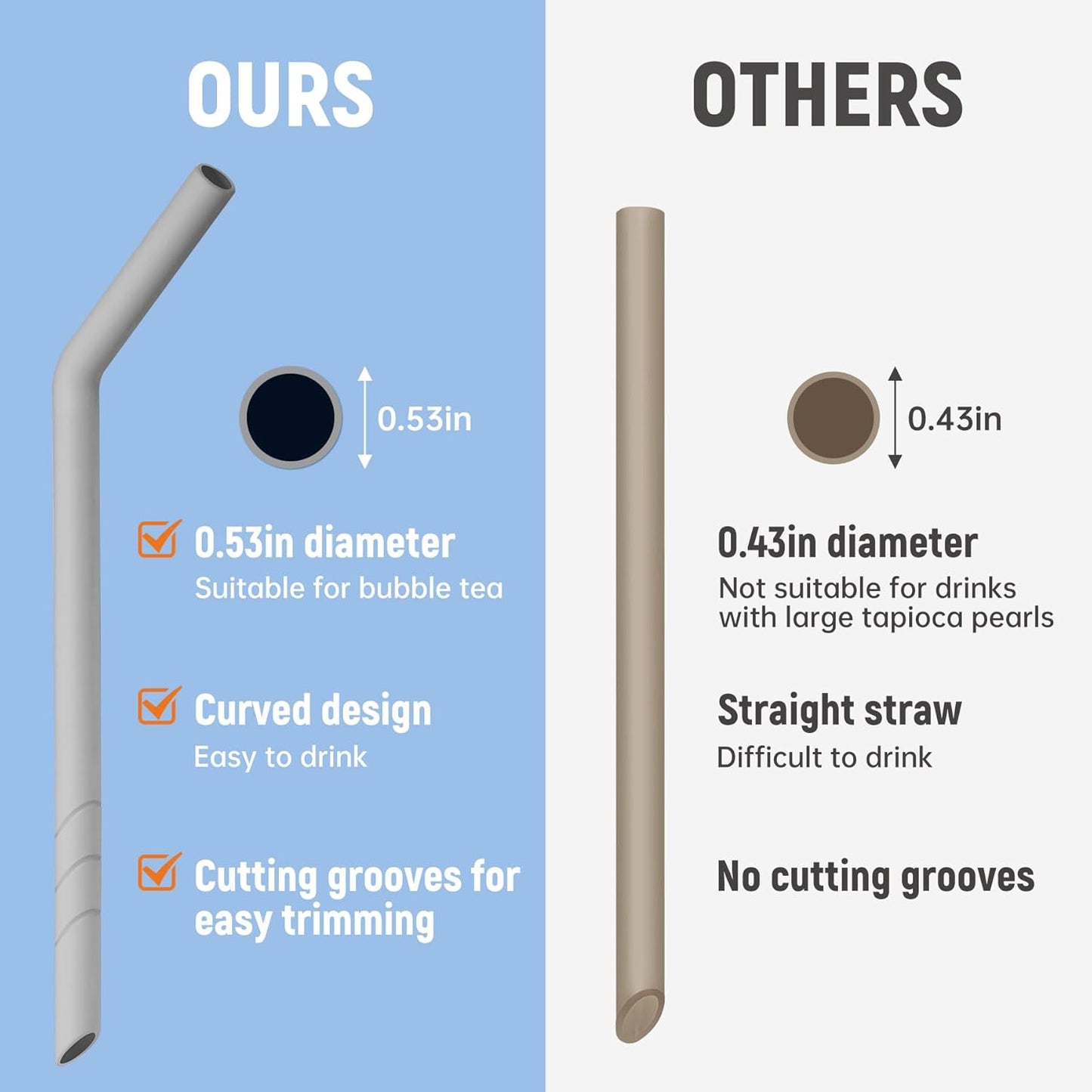 NiHome 6PCS Extra Wide Reusable Bent Silicone Straws for Boba, Smoothies, Bubble Tea, Bent Straws for Thick Drinks, Child-Safe, Customizable Length, 2 Brushes Easy Cleaning (Black, White & Gray)