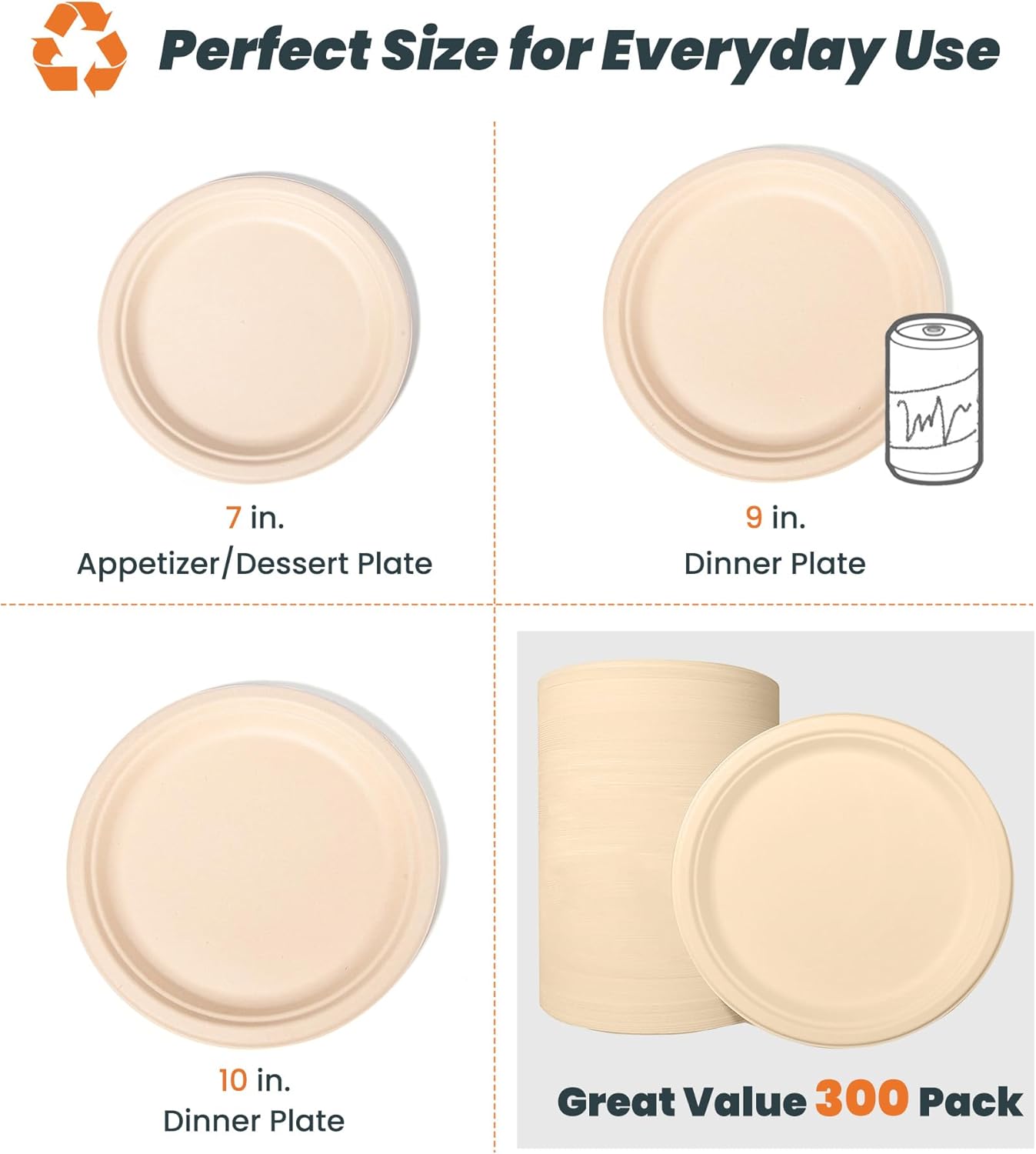 100% Compostable Paper Plates - 10 Inch, Bulk 300 Count - Disposable, Heavy Duty, Biodegradable Plates Made of Bagasse - Eco-Friendly, Large Size (Natural)