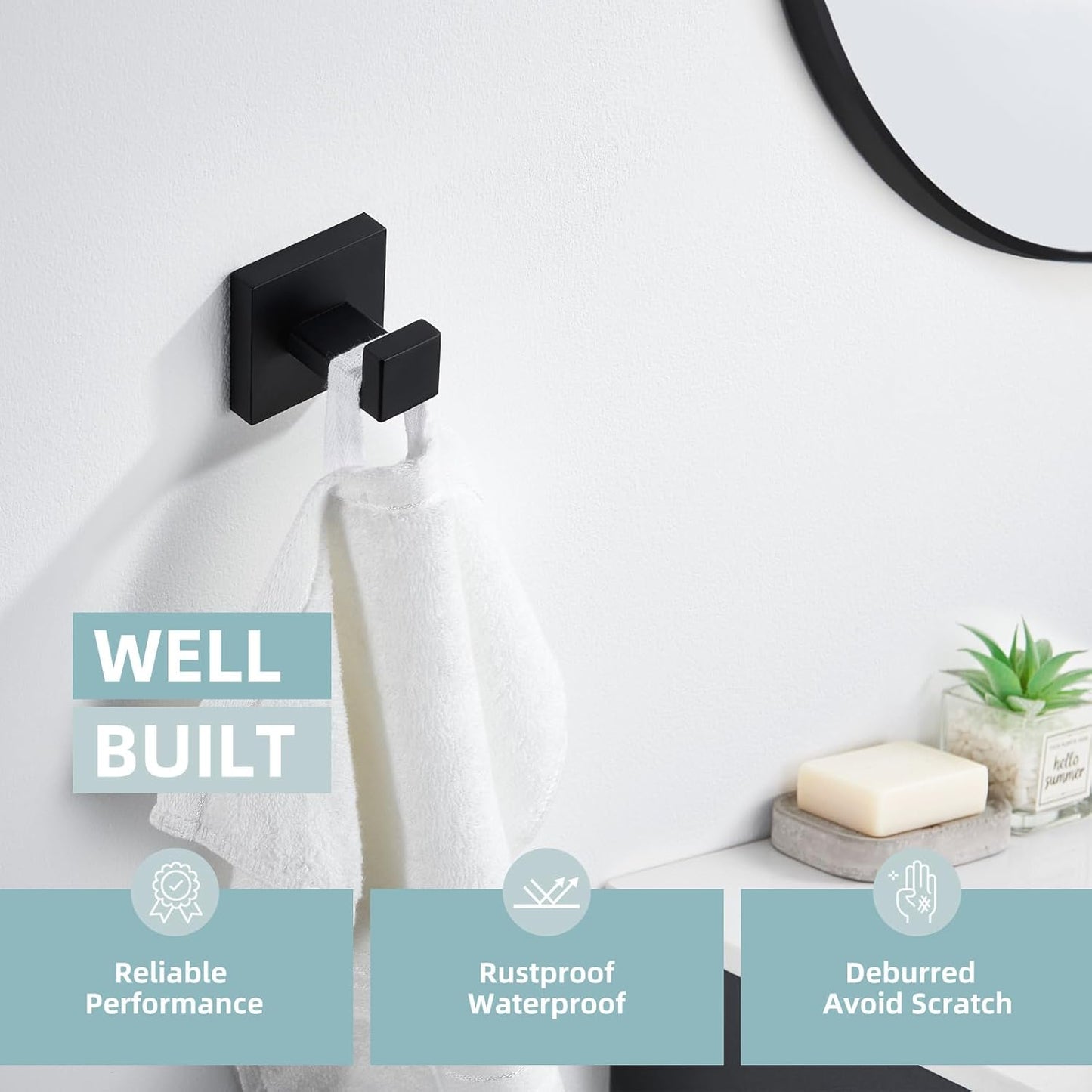 Angle Simple Towel Hook Matte Black, SUS 304 Stainless Steel Coat Robe Hook, Bathroom Hand Towel Hanger for Wall