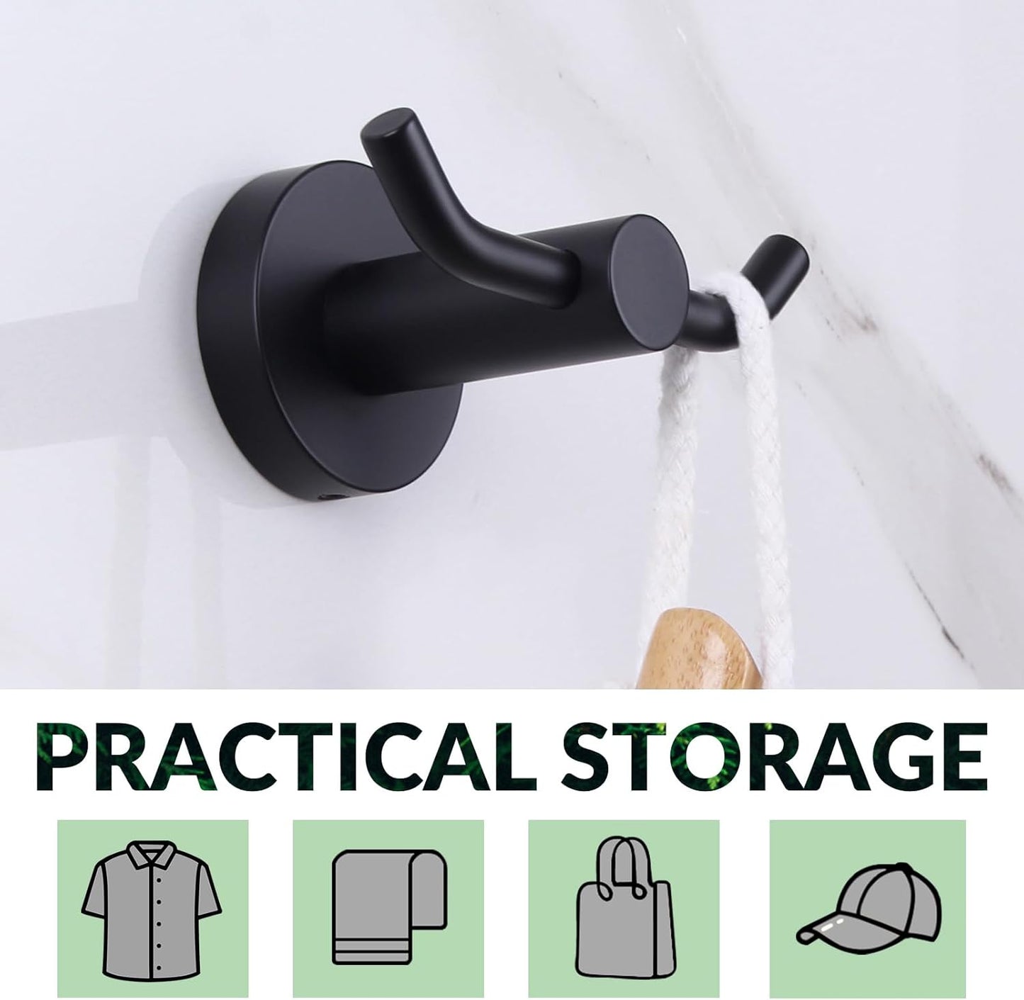 APLusee Double Bath Towel Hook, Premium Stainless Steel Coat Holder, Modern Bathroom Kitchen Storage Hanger Wall Mounted, Matte Black