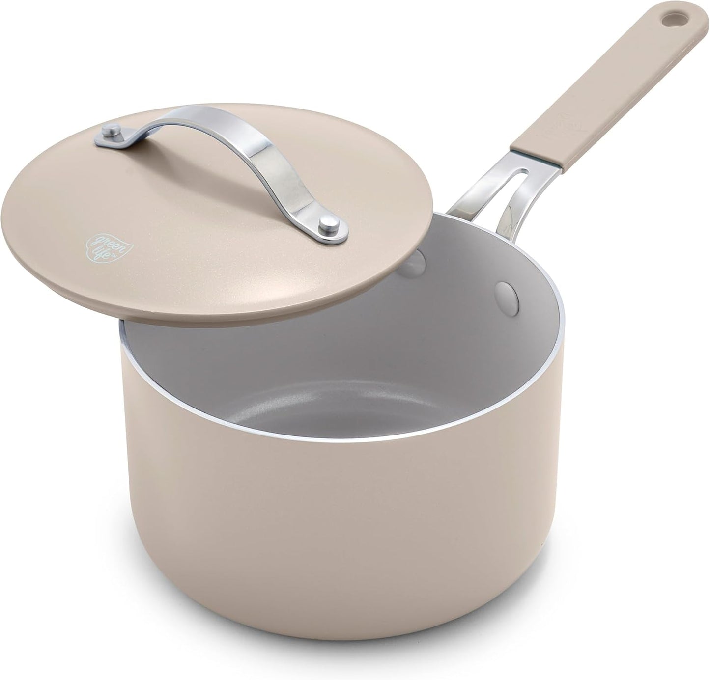 GreenLife 2 Quart Nonstick Saucepan with Lid, Lightweight Healthy PFAS-Free Milk Pan, Dishwasher & Oven Safe Soup Pan, Durable Body, Silicone Stay-Cool Handle, Easy Release Chef’s Pan, Taupe