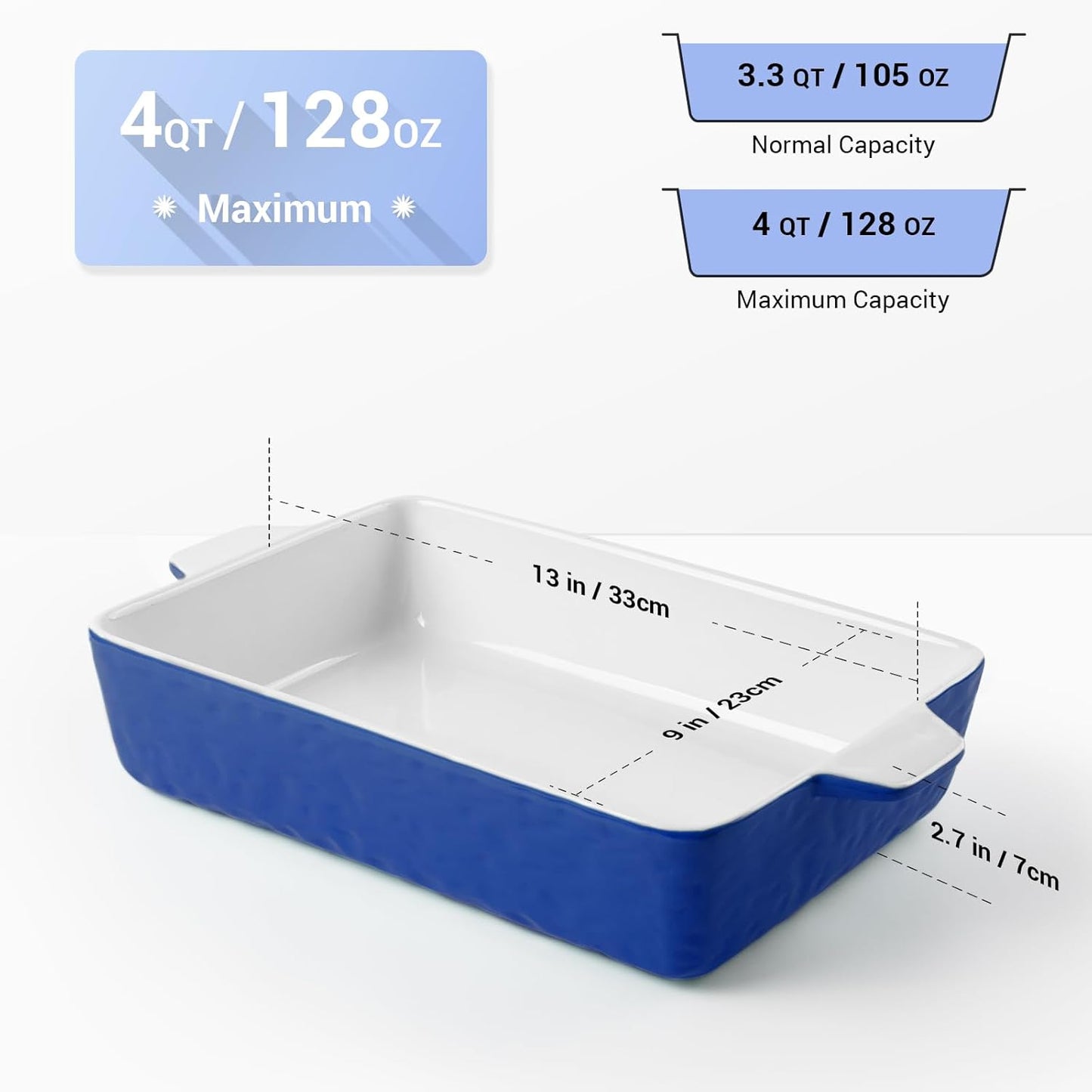 4 QT Baking Dish, Casserole Dishes for Oven, 9x13 Baking Pan with Handles, Lasagna Pan Deep, Ceramic Casserole Dish Oven Safe for Baking, Lasagna, Kitchen, Wedding Gift (Dark Blue)