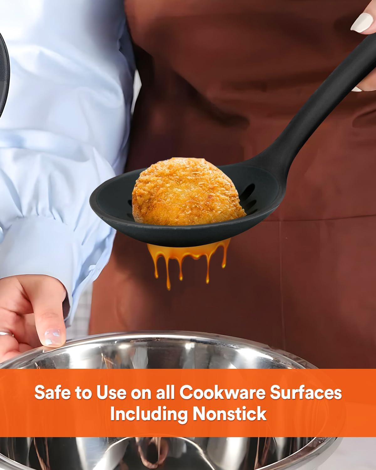 Kitchen Ladle Strainer, Large Slotted Spoon with High Heat Resistant BPA Free, Non Stick Cooking Skimmers For Draining & Frying, 13.2inch (Black)