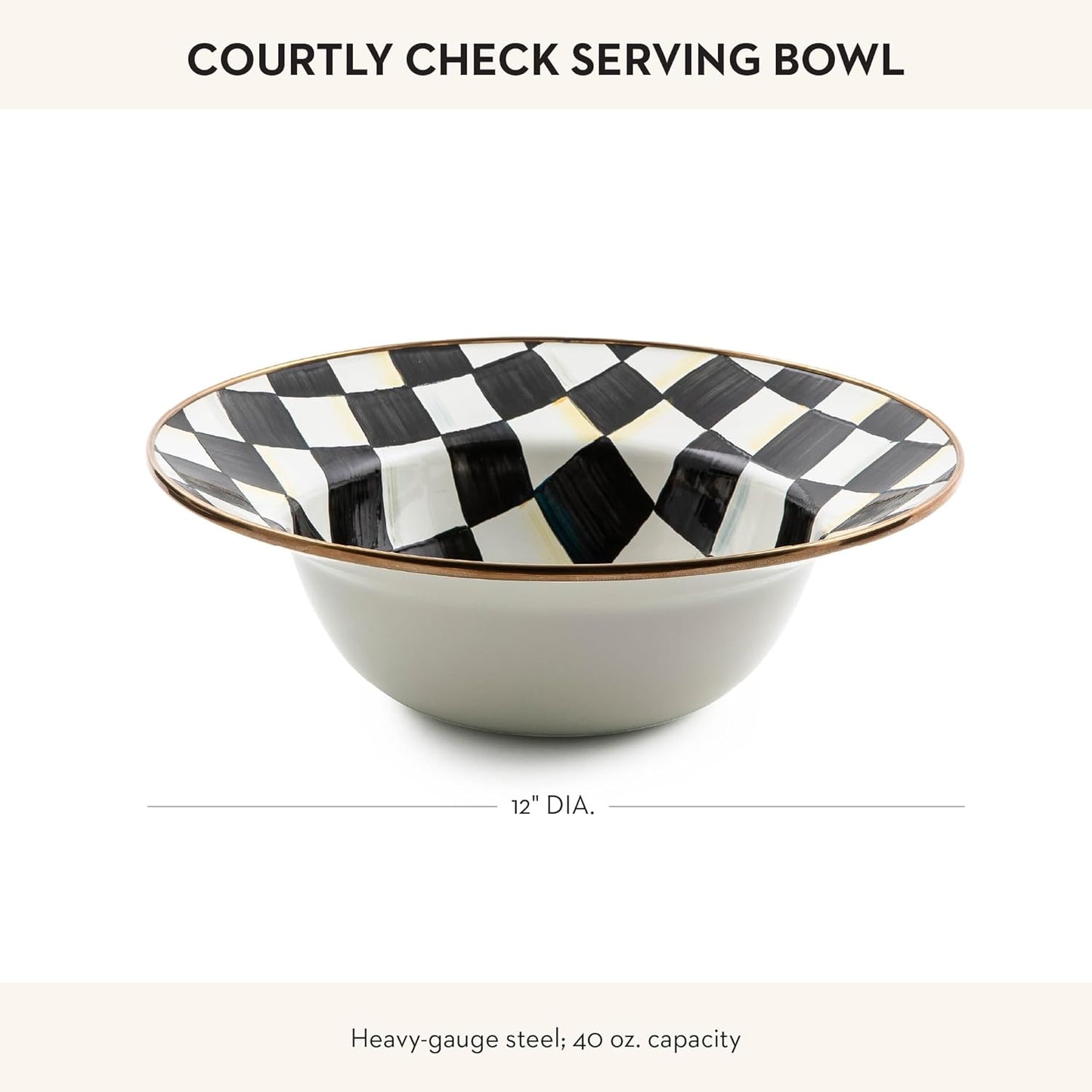MACKENZIE-CHILDS Enamel Serving Bowl, Enamel Serveware Bowl, 12 Inches, Black-and-White Courtly Check