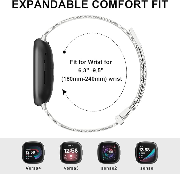 Meliya Metal Band for Fitbit Sense 2 / Sense Bands, Fitbit Versa 4 / Versa 3 Bands Women Men, Stainless Steel Mesh Magnetic Replacement Bracelet Strap for Fitbit Sense 2 / Versa 4 Smartwatch
