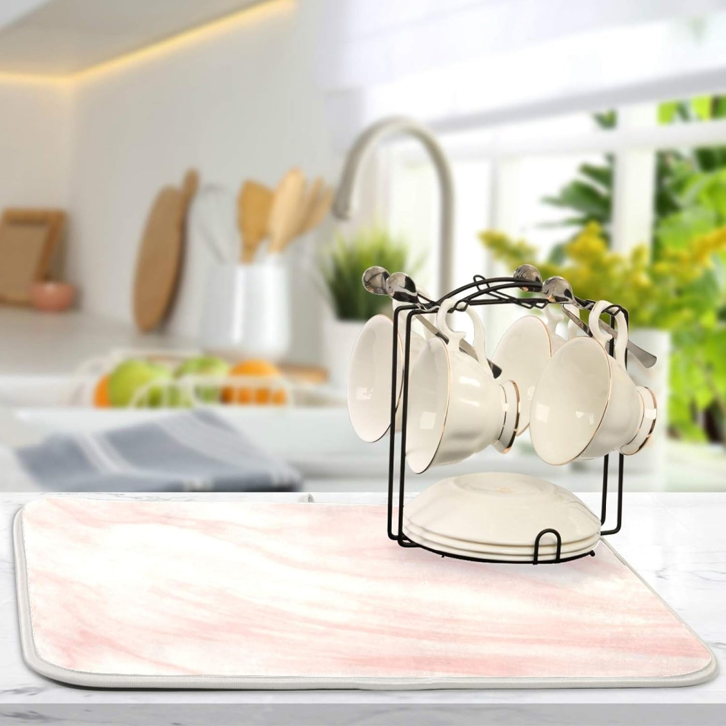 Super Absorbent Dish Drying Mat Microfiber Fast-Drying Dish Mat 16" x 18" Kitchen Dish Drying Pad Pink Coral Marble