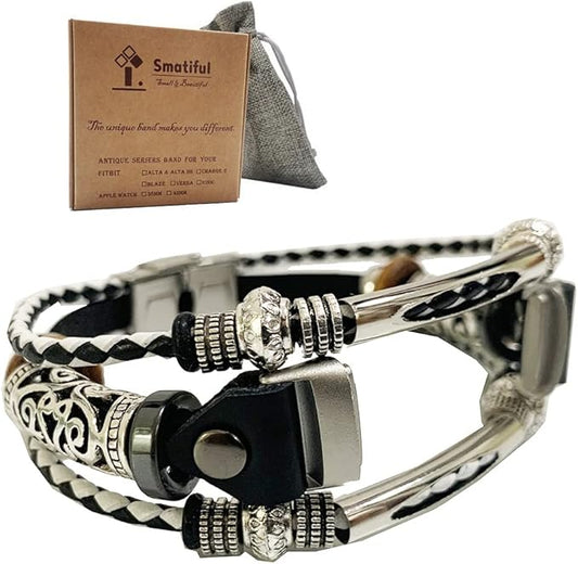 Luxe Bling Bands with Pin for Womens and Girls, Adjustable Accessory Thin Genuine Leather Exercise Watch Band Compatible with for Fitbit Luxe, Black and White