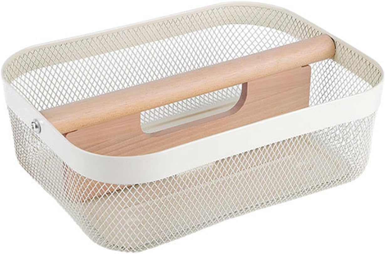 Metal Mesh Steel Storage Basket, Garden Harvest Wire Organizer Basket Multi-functional Kitchen Fruit Basket with Wooden Removable Partition & Handle for Bath Picnic Decor Cabinet, Cream White
