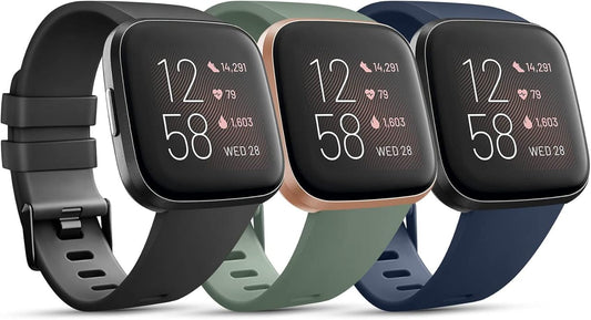 3 Pack Sport Bands Compatible with Fitbit Versa Bands, Classic Soft Sport Replacement Wristbands for Fitbit Versa 2 Smart Watch Women Men