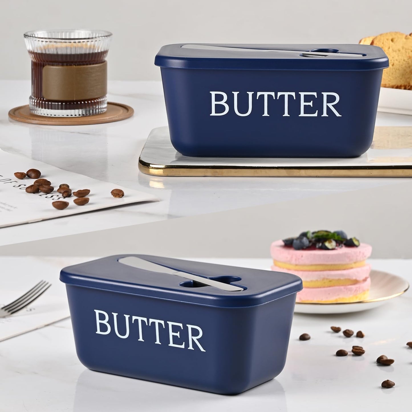 Butter Dish With Lid And Knife,BPA Free Food Grade Plastic Butter Keeper Containers With Cover For Home Coutertop And Refrigerater,Blue Butter Holder