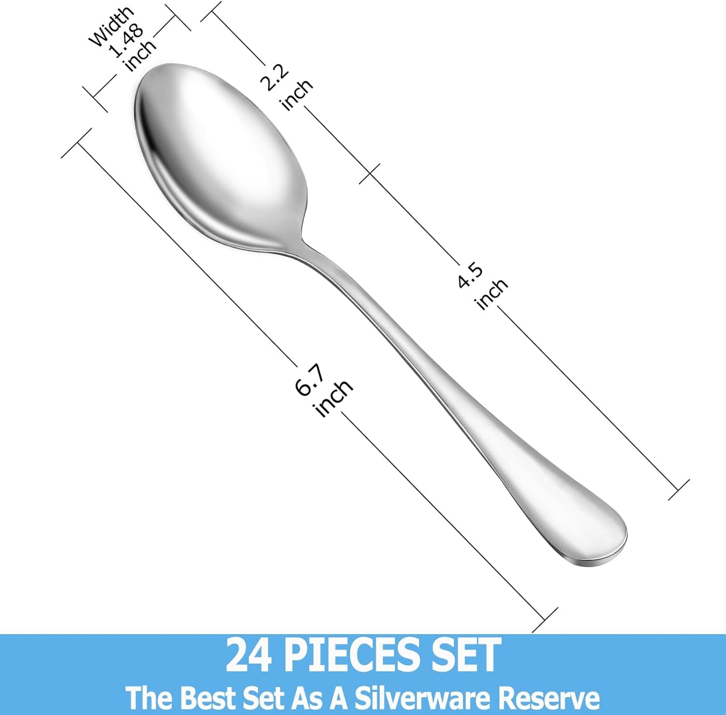 24 Pcs Teaspoons Set, Food Grade Stainless Steel Tea Spoons, Durable Small Spoons, Metal Dessert Spoon, Spoon Silverware for Home, Kitchen or Restaurant, Mirror Polished & Dishwasher Safe, 6.7-Inch
