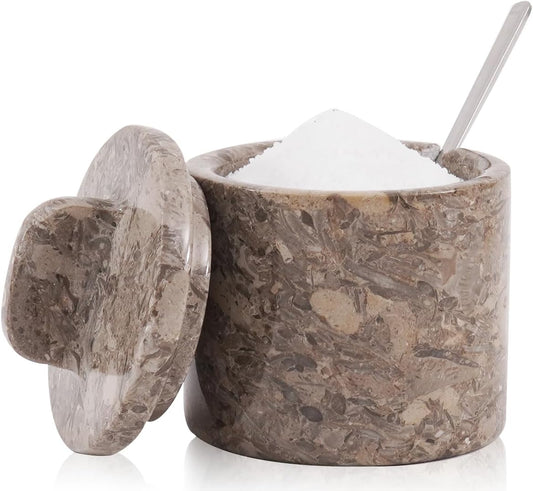 Marble Salt Cellar with Lid and Spoon 4 Inch Oceanic Handmade Spice Jars for Kitchen Storage - Flaky Salt Holder, Decorative Sugar Bowl & Small Seasoning Containers for Countertop Decor