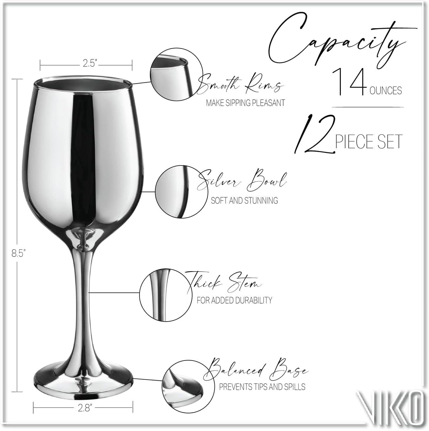 Vikko Décor Wine Glasse, 14 Oz Fancy Wine Glass With Stem For Red And White Wine, Thick And Durable Wine Glass, Dishwasher Safe, Great For Wine Tasting, Set Of 12