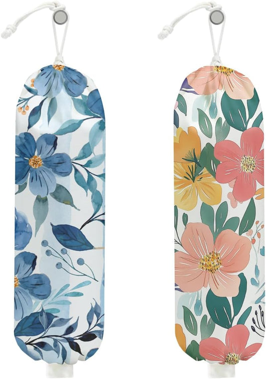 2Pcs Watercolor Flower Plastic Bag Holder, Wall Mount Grocery Bag Holder for Plastic Bags, Colorful Floral Reusable Grocery Bags Storage Dispenser for Home Kitchen Decor, Flower Gifts for Women Mom