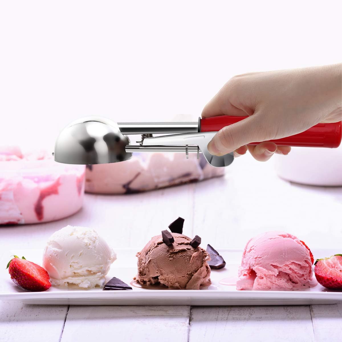 Commercial-Grade Ice Cream Scooper 1.33 oz, 18/8 Stainless Steel Cookie Scoop with Plastic Handle, Portion Control Disher Scoop for Bakeries, Restaurants & Dessert Shops, #24, Red