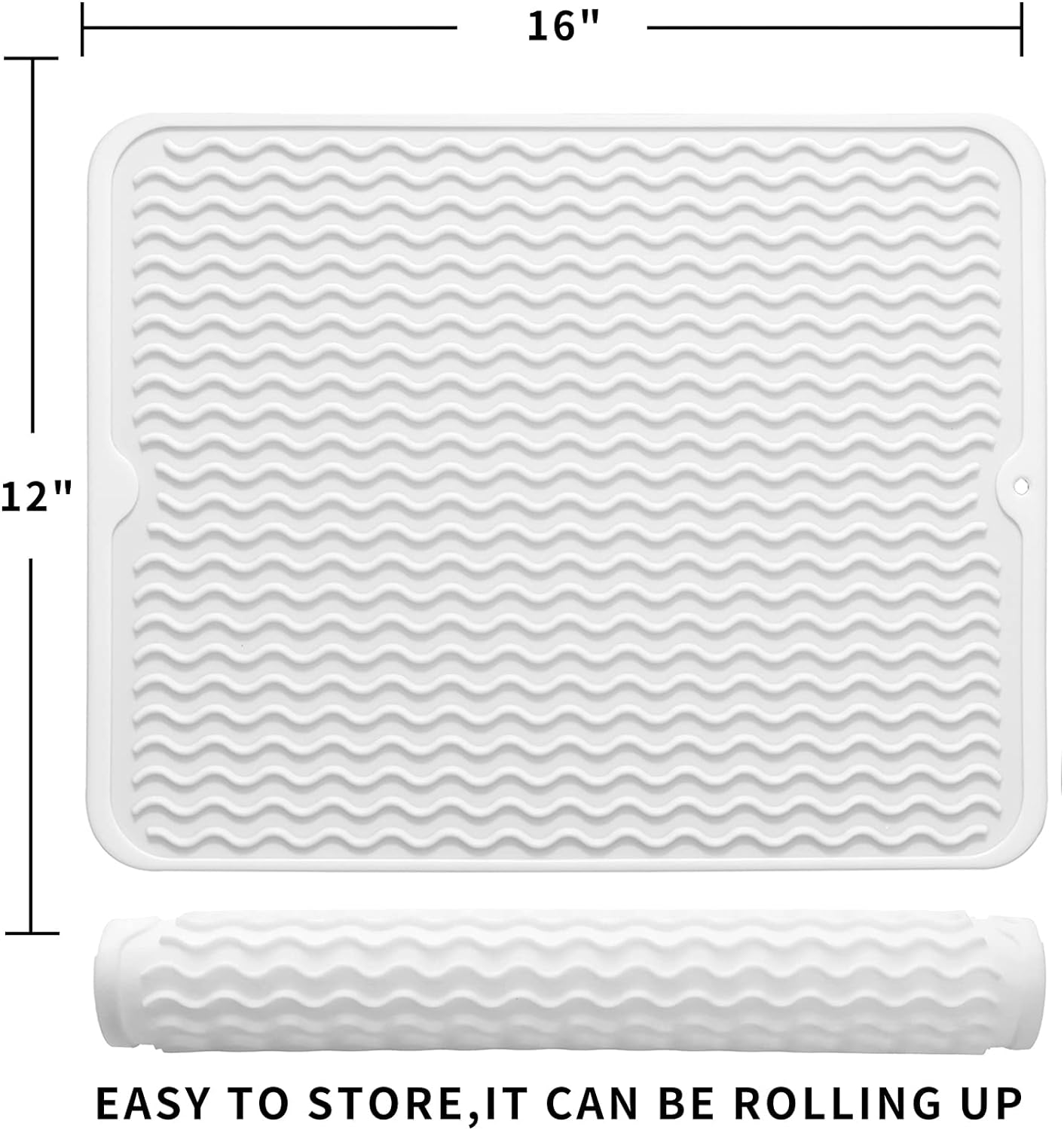 Silicone Dish Drying Mat for Multiple Usage,Easy clean,Eco-friendly,Heat-resistant Silicone Mat for Kitchen Counter or Sink,Refrigerator or drawer liner White L 16 inches x 12 inches