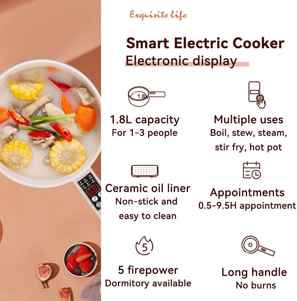 Drizzle Electric Hot Pot Cooker Steamer 1.8L Multifunctional Nonstick Pan Dormitory Office Portable Ramen Cooker Steamer Boil Dry Protection Suitable For Noodles Steak Cooker Eggs StirFrying