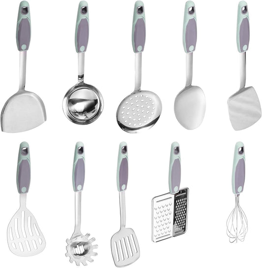 10PCS Cooking Utensils Set, Stainless Steel Utensils Set Non Slip Handle Heat Resistant Kitchen Cooking Tools Durable Metal Utensil Spatula, Spoon, Whisk, Ladle, Pasta Fork